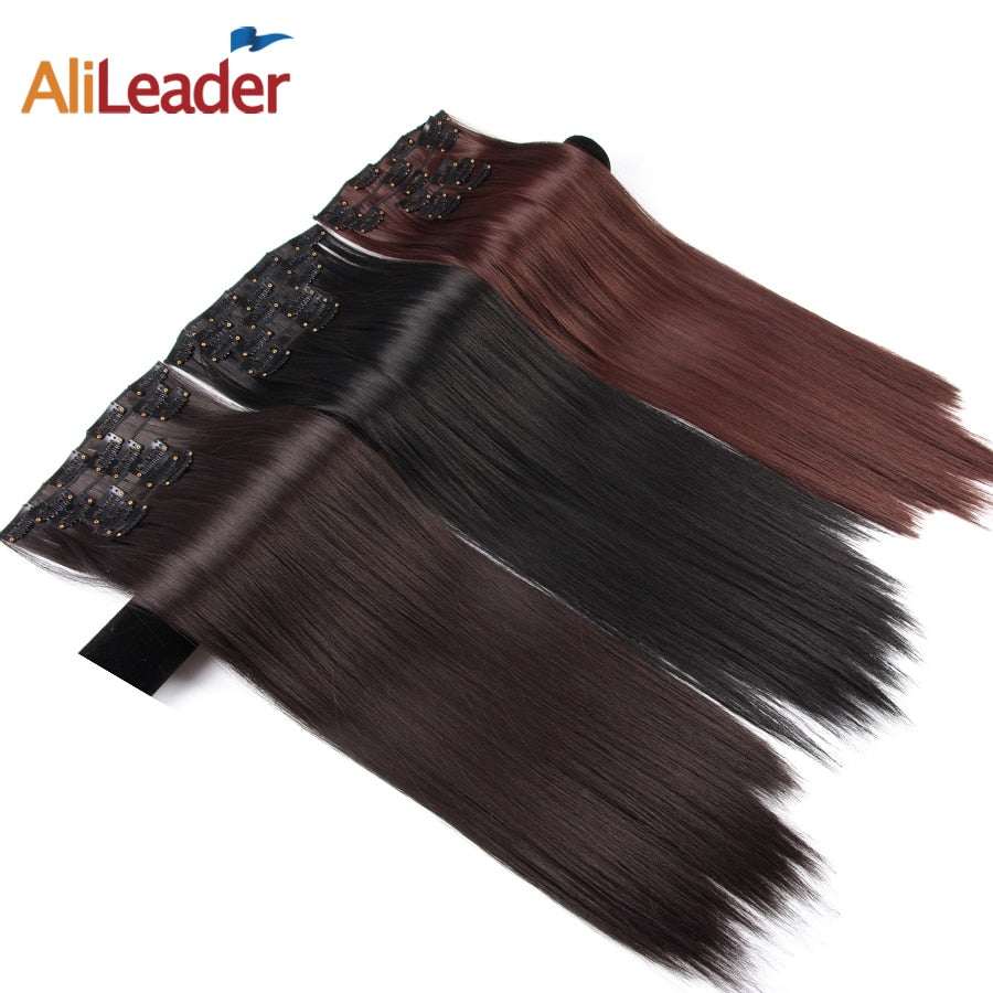 Alileader Synthetic Clip On Hair Extension 6Pcs/Set 22inch Straight Hairpiece Curly 16 Clips In Hair Ombre Heat Resistant Fiber