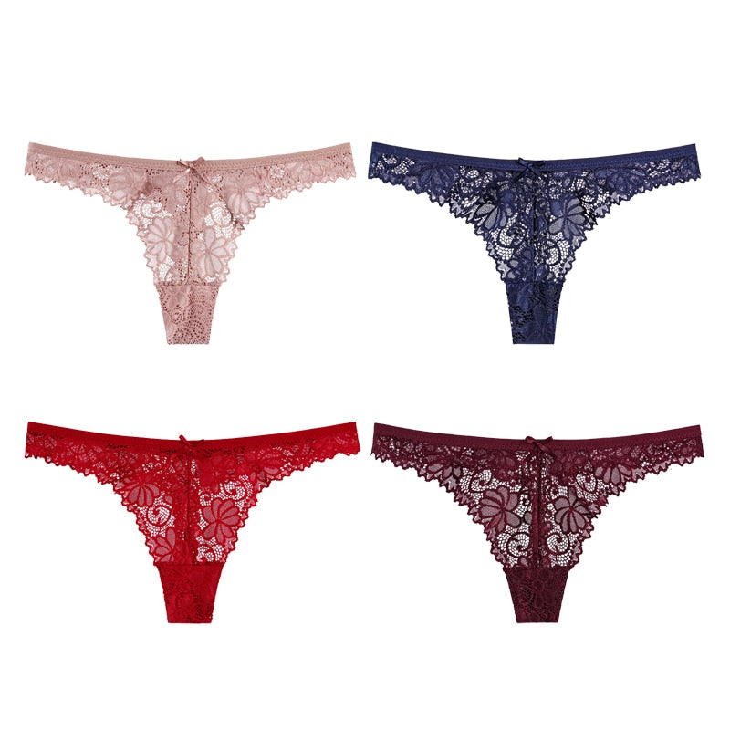 4Pcs Sexy Lace Panties Women Thong Breathable Low Waist Cotton Fashion Women&#39;s Hollow out Underwear Underpants Lingerie