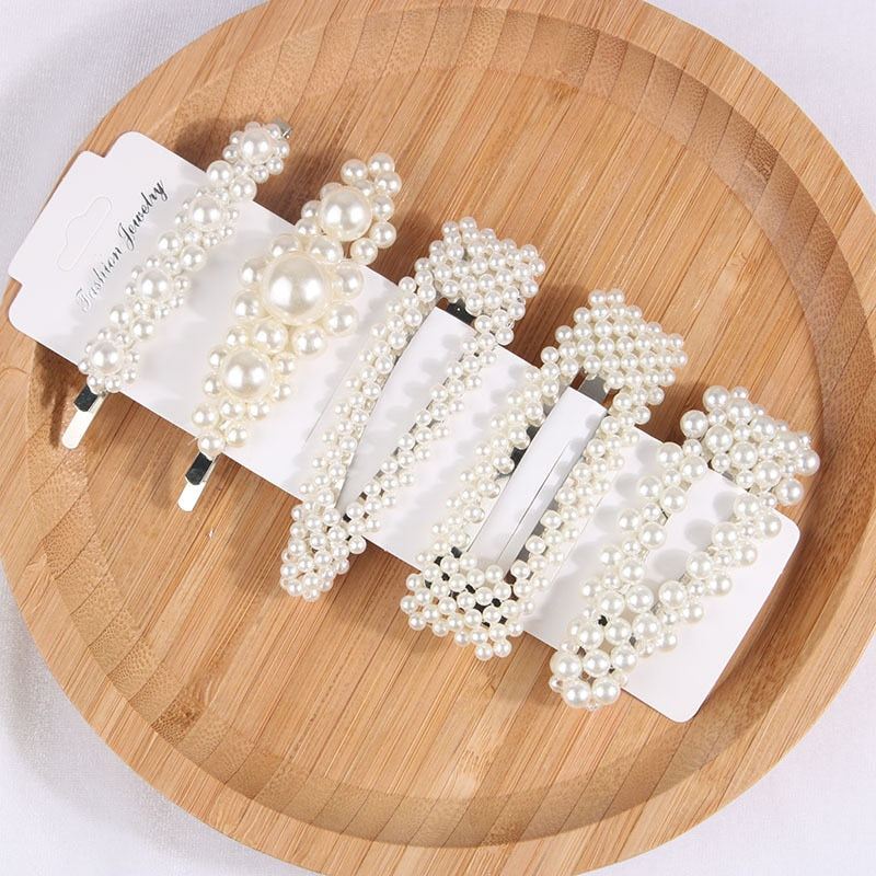 5Pcs/Set Fashion Pearl Hair Clip Snap Button Hair Pins for Women Sweet Pearl Hairpin Hair Clips Jewelry Lady Barrette Stick