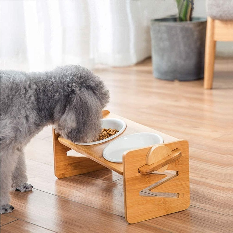 Pets Double Bowls Dog Cat Food Water Feeder Ceramic Dish Bowl Bamboo Rack Cats Feeding Dishes Dogs Drink Bowl Pet Supplies new