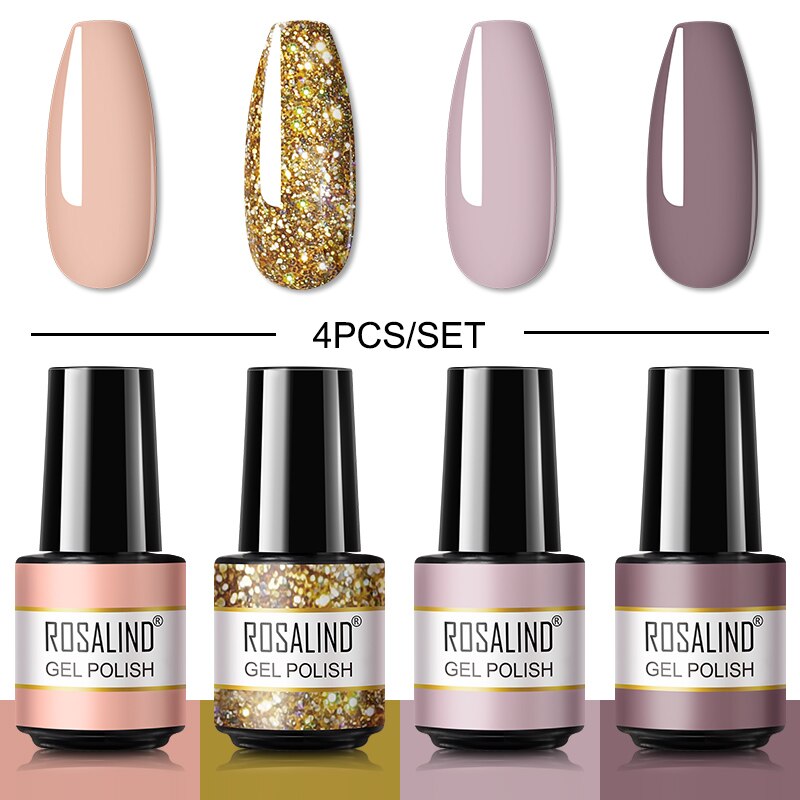 ROSALIND Gel Nail Polish Set 4PCS/6PCS Nail Kit Set Glitter vernis Semi Permanent  Base Top Coat  UV LED Nail Art Gel Polish Set