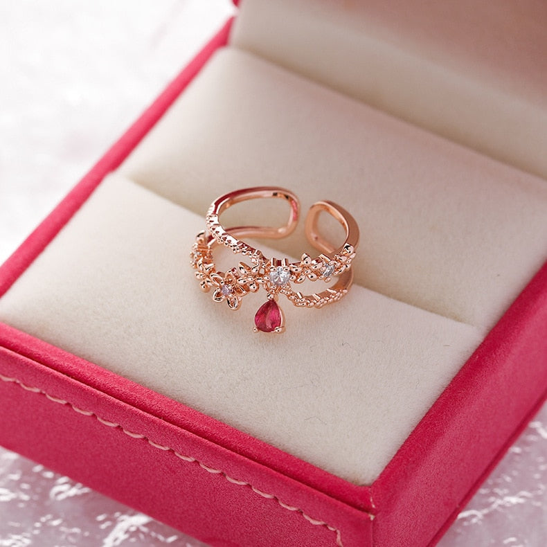 Korea's New Exquisite Crystal Flower Ring Fashion Temperament Sweet Versatile Love Opening Ring Female Jewelry