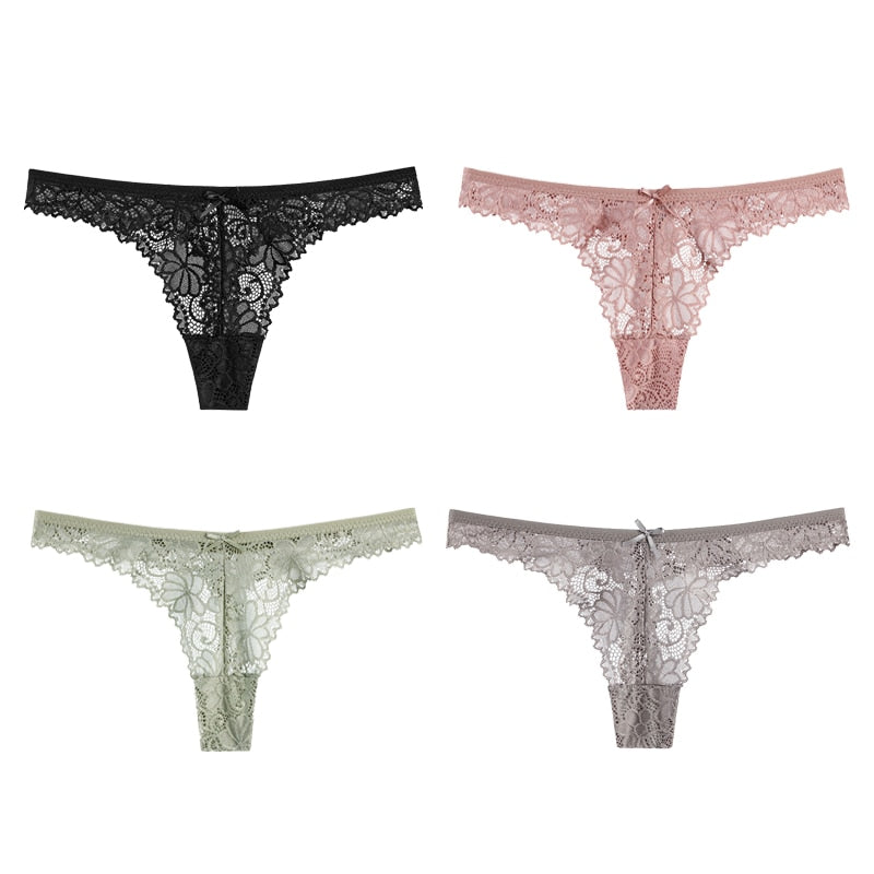 4Pcs Sexy Lace Panties Women Thong Breathable Low Waist Cotton Fashion Women&#39;s Hollow out Underwear Underpants Lingerie