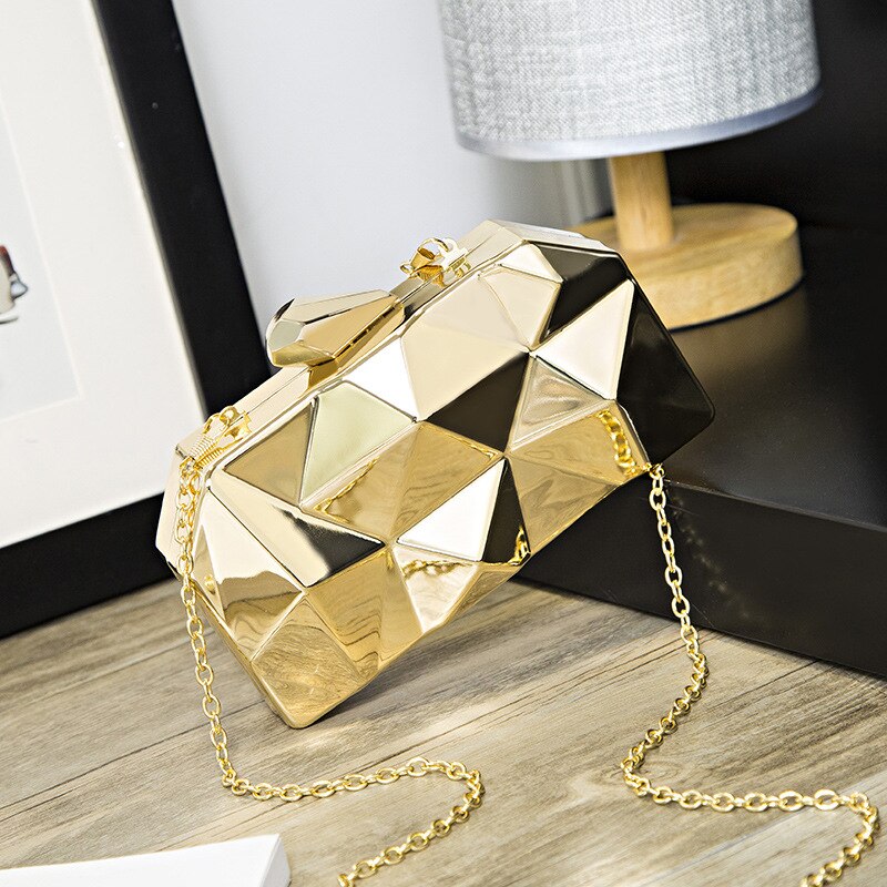 Fashion Handbags Women Metal Clutches Hexagon Mini Party Black Evening Purse Silver Bags Gold Box Chain Shoulder Bag Top Quality