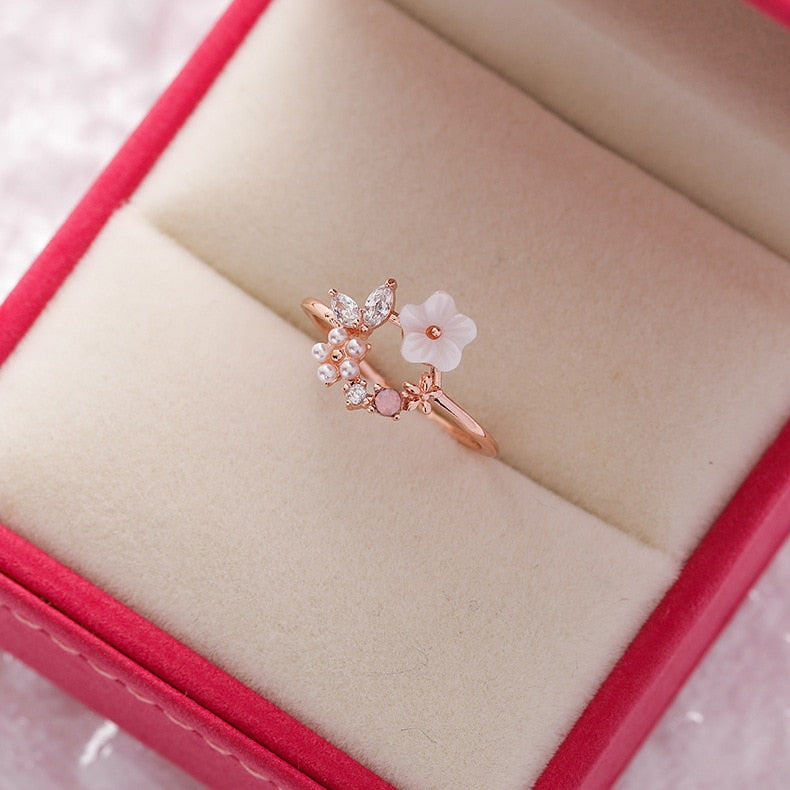 Korea's New Exquisite Crystal Flower Ring Fashion Temperament Sweet Versatile Love Opening Ring Female Jewelry