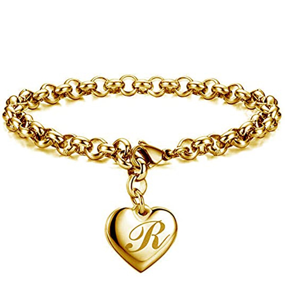 Initial Charm Gold-Color Bracelets Stainless Steel Heart 26 Letters Alphabet Bracelet for Women Girls Kids Gifts