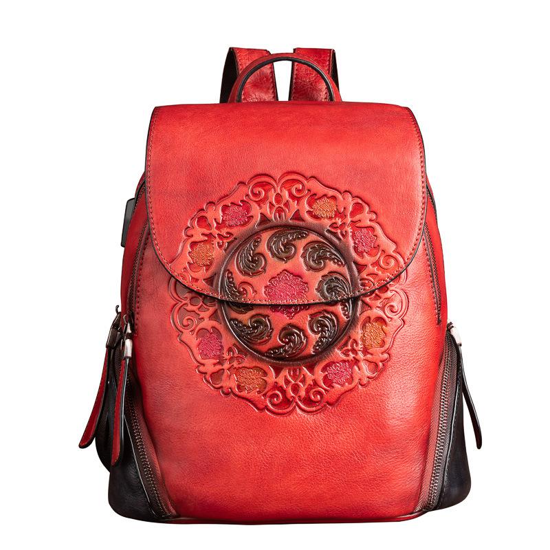 Retro Genuine Leather Backpack Women Bag 2022 Winter Handmade Embossing Floral Large Capacity Bagpack Female Vintage Backpacks