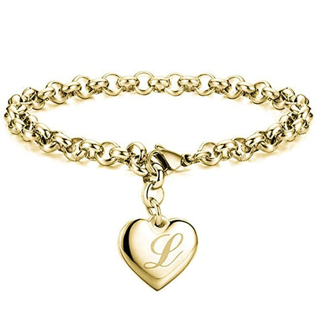 Initial Charm Gold-Color Bracelets Stainless Steel Heart 26 Letters Alphabet Bracelet for Women Girls Kids Gifts