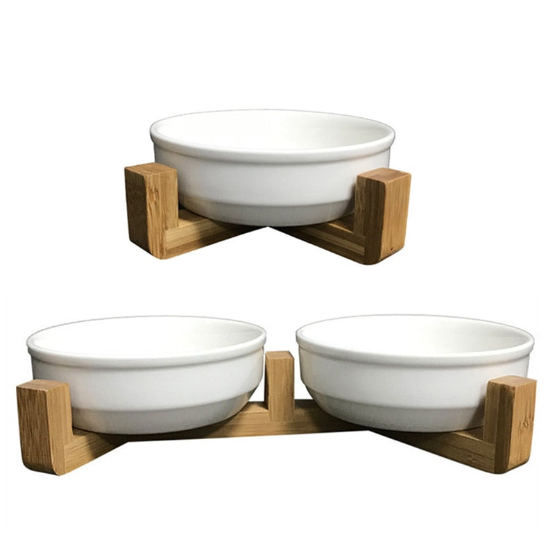 Pets Double Bowls Dog Cat Food Water Feeder Ceramic Dish Bowl Bamboo Rack Cats Feeding Dishes Dogs Drink Bowl Pet Supplies new