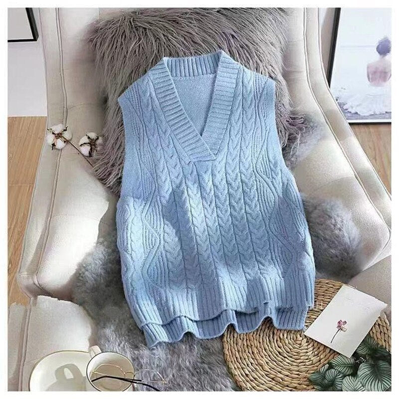 Twist pullover sweater vest women 2023 autumn new loose net red V-neck waistcoat wool knitted vest women