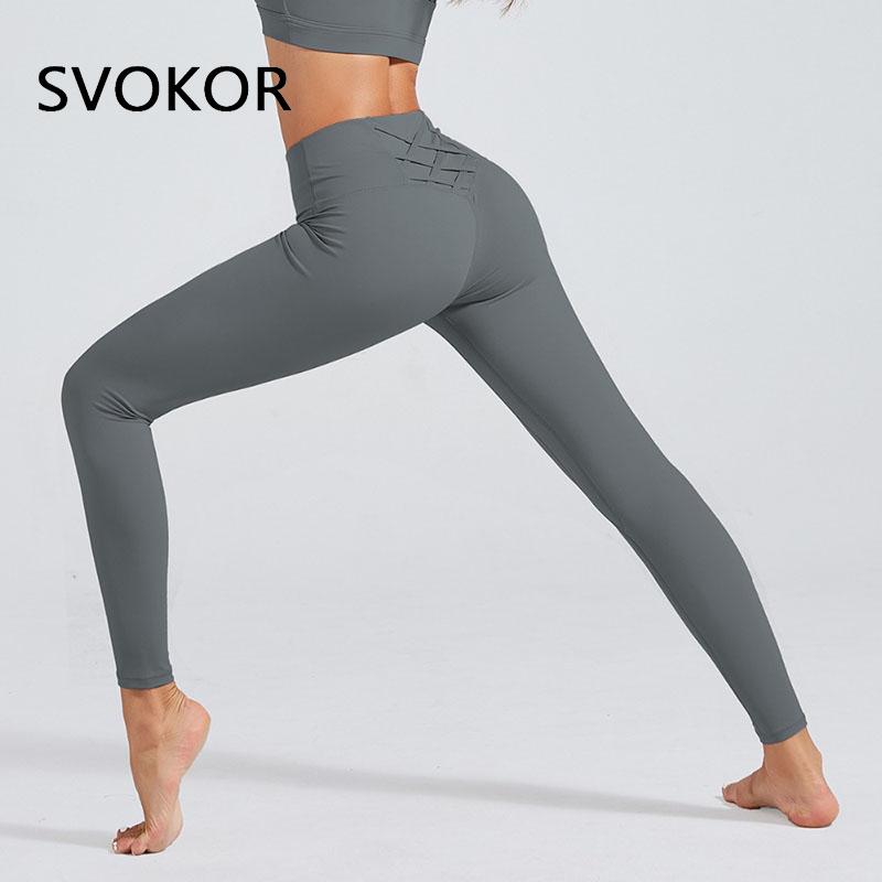 SVOKOR High waist Cross Leggings Women Solid Fitness Workout Pants Slim Fit Sport Push Up Leggings