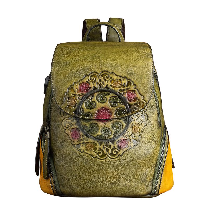 Retro Genuine Leather Backpack Women Bag 2022 Winter Handmade Embossing Floral Large Capacity Bagpack Female Vintage Backpacks