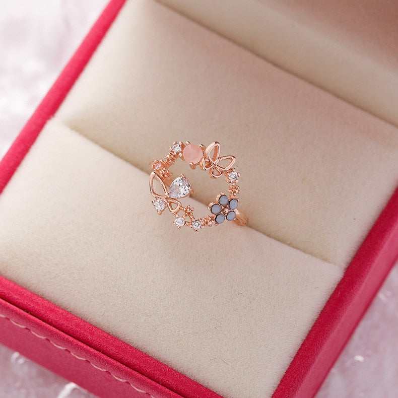 Korea's New Exquisite Crystal Flower Ring Fashion Temperament Sweet Versatile Love Opening Ring Female Jewelry