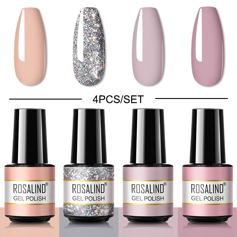 ROSALIND Gel Nail Polish Set 4PCS/6PCS Nail Kit Set Glitter vernis Semi Permanent  Base Top Coat  UV LED Nail Art Gel Polish Set