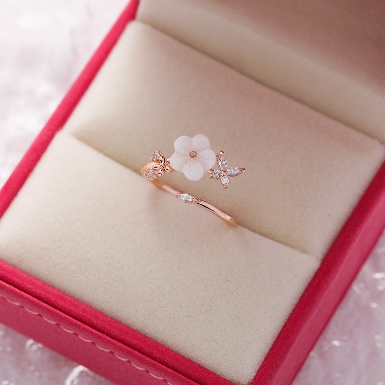 Korea's New Exquisite Crystal Flower Ring Fashion Temperament Sweet Versatile Love Opening Ring Female Jewelry