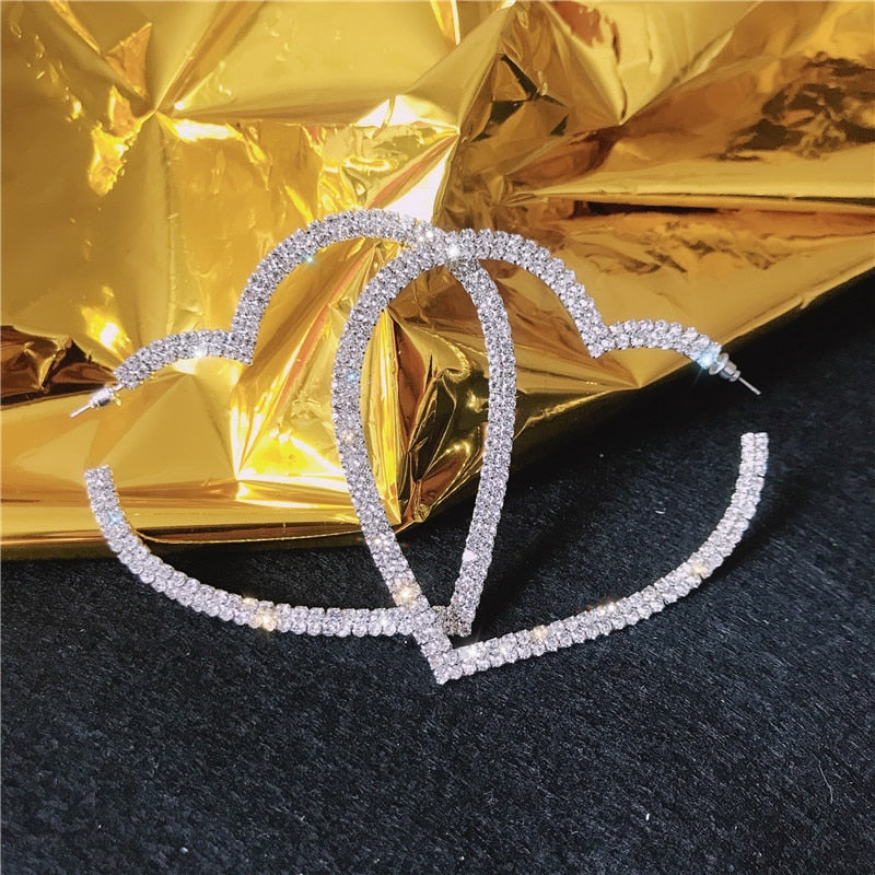 FYUAN Big Heart Crystal Hoop Earrings for Women Bijoux Geometric Rhinestones Earrings Statement Jewelry Party Gifts