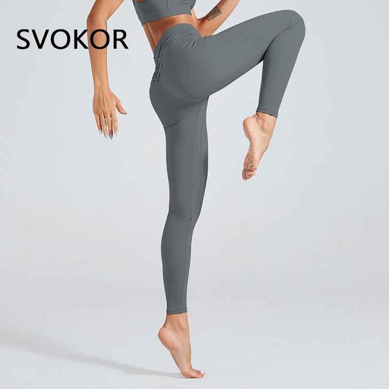 SVOKOR High waist Cross Leggings Women Solid Fitness Workout Pants Slim Fit Sport Push Up Leggings