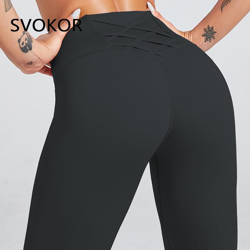 SVOKOR High waist Cross Leggings Women Solid Fitness Workout Pants Slim Fit Sport Push Up Leggings