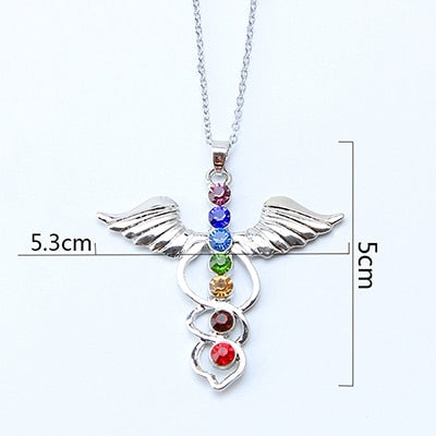 New 7 Chakra Stones Reiki Healing Crystal Rhinestone  Point Chakra Pendant Tree Of Life Pendant Angel Shape Jewelry Necklace