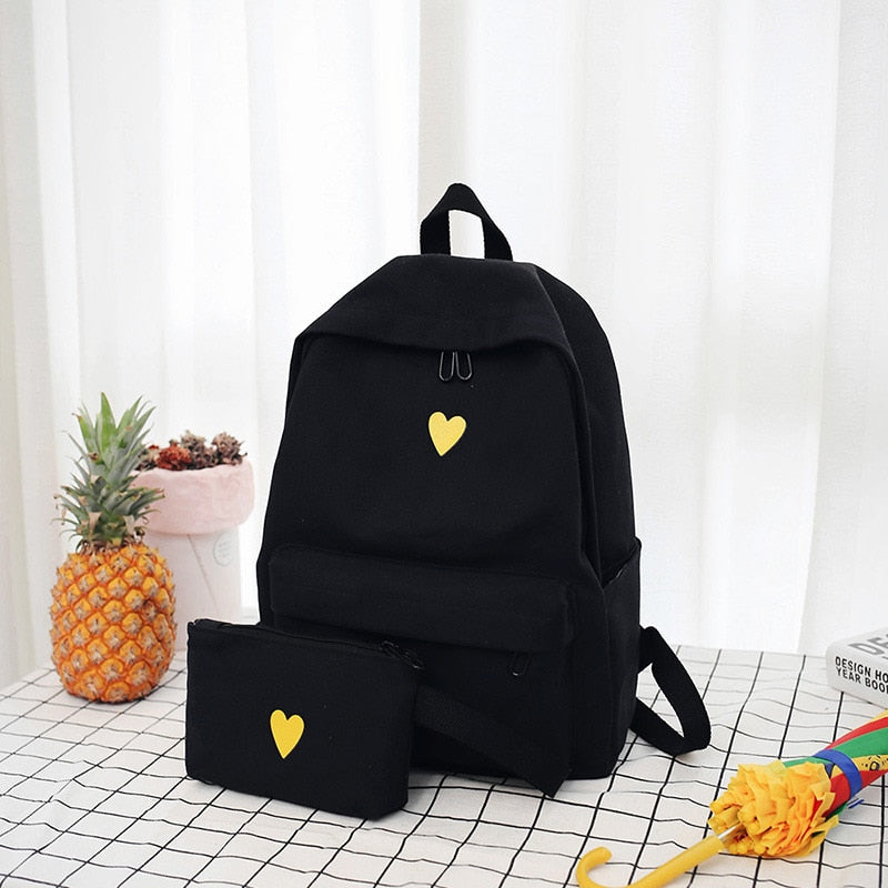 Moon Wood Women&#39;s Yellow Backpack Canvas Printed Heart Backpack Korean Style Students Travel Bag Girl School Bag Laptop Backpack