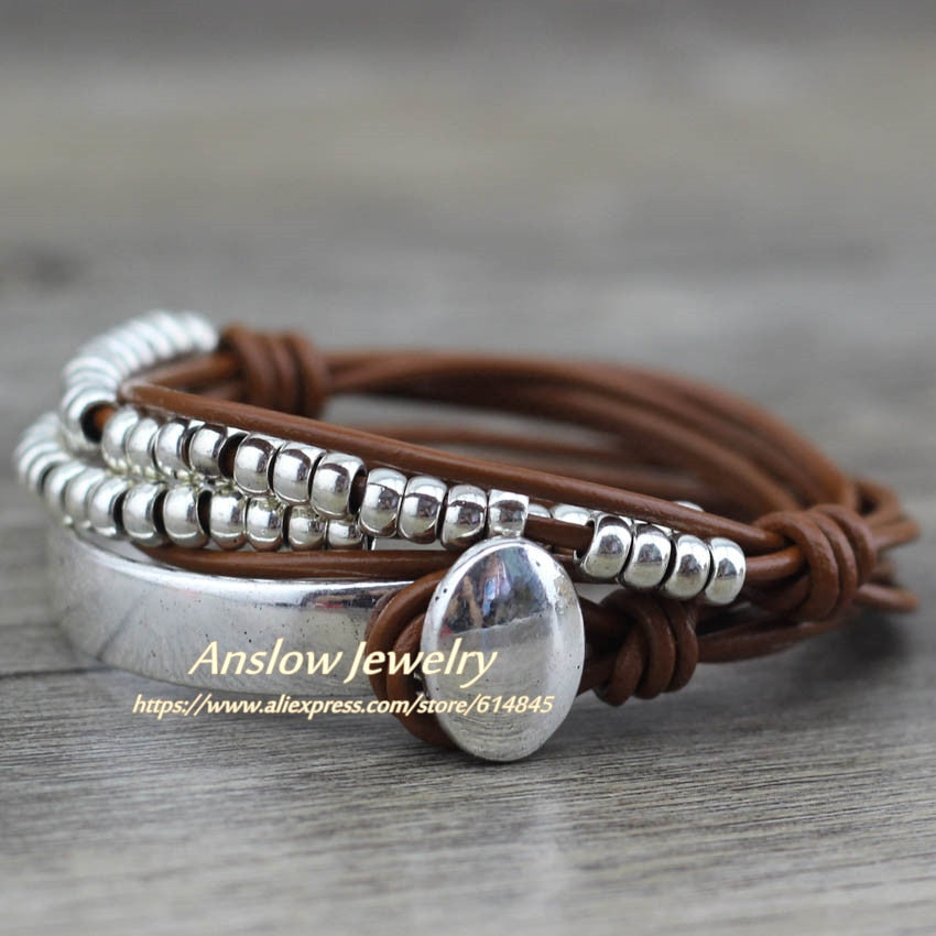 Anslow Brand Bohemian Vintage Handmade Multilayer Wrap Jewelry Women Mother's Day Birthday Leather Bracelet Bangle  LOW0465LB