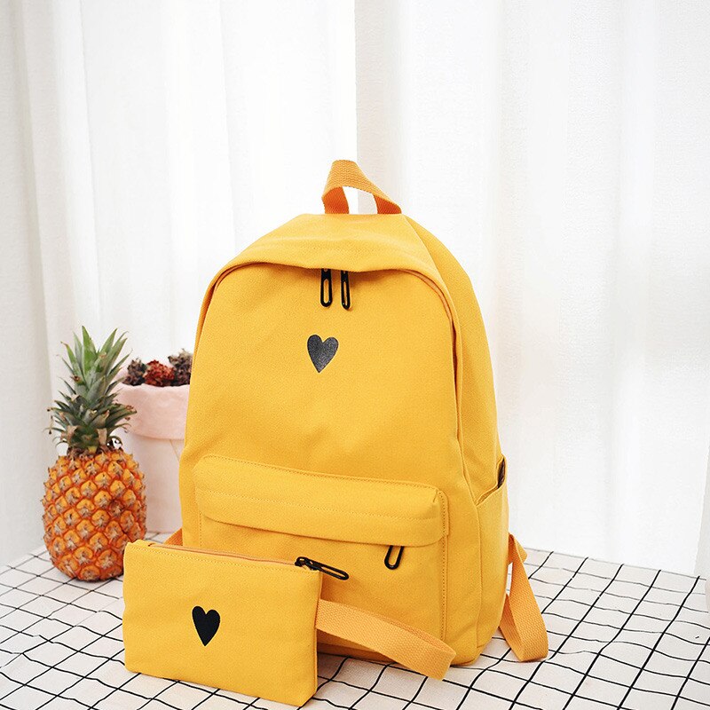 Moon Wood Women&#39;s Yellow Backpack Canvas Printed Heart Backpack Korean Style Students Travel Bag Girl School Bag Laptop Backpack