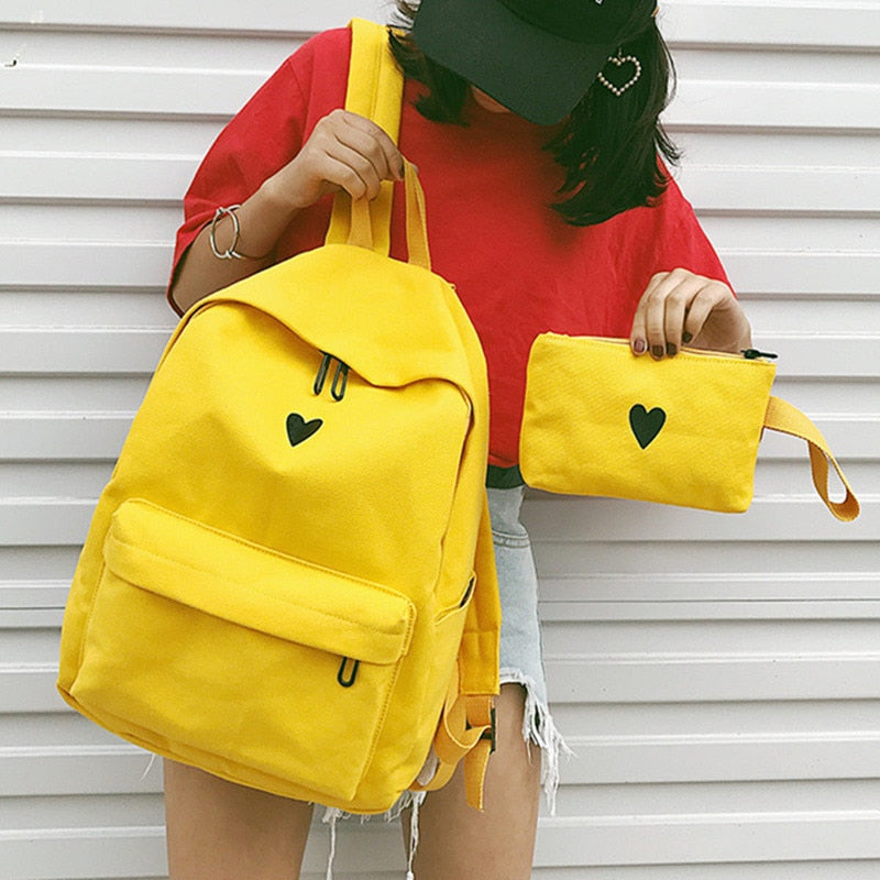 Moon Wood Women&#39;s Yellow Backpack Canvas Printed Heart Backpack Korean Style Students Travel Bag Girl School Bag Laptop Backpack