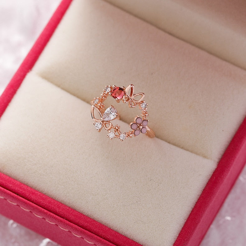 Korea's New Exquisite Crystal Flower Ring Fashion Temperament Sweet Versatile Love Opening Ring Female Jewelry