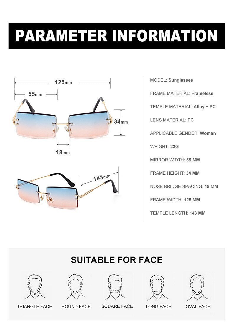 Rimless Sunglasses Rectangle Fashion Popular Women Men Shades  Small Square Sun Glasses For Female Summer Traveling Brown Oculos