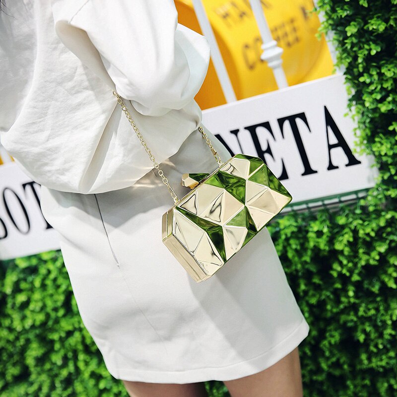 Fashion Handbags Women Metal Clutches Hexagon Mini Party Black Evening Purse Silver Bags Gold Box Chain Shoulder Bag Top Quality