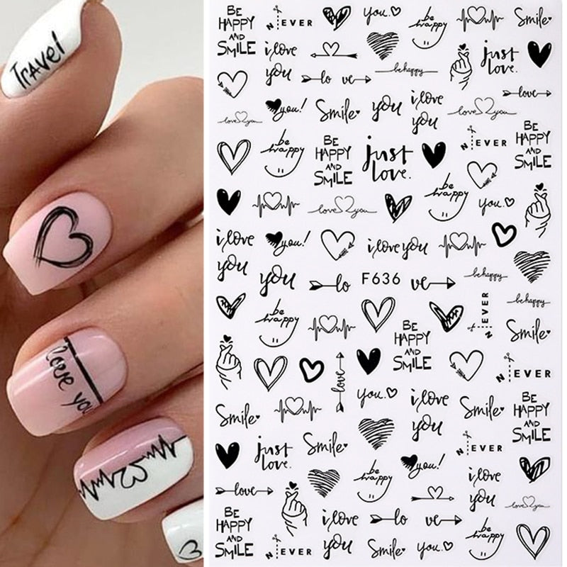 Harunouta Purple Heart Love Design 3D Nail Sticker Letters Stickers Face Pattern Trasnfer Sliders Valentine Nail Art Decoration