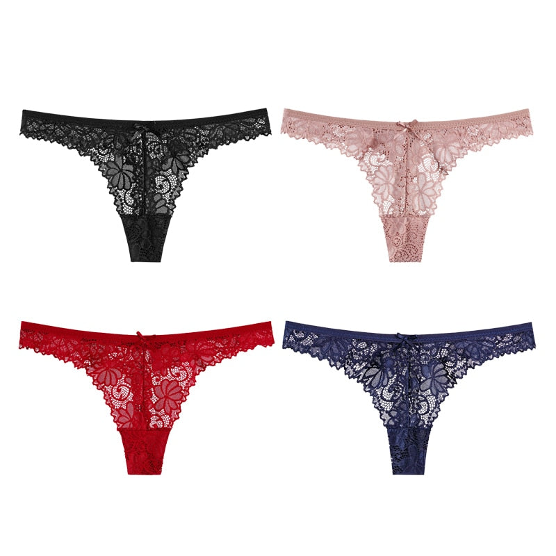 4Pcs Sexy Lace Panties Women Thong Breathable Low Waist Cotton Fashion Women&#39;s Hollow out Underwear Underpants Lingerie