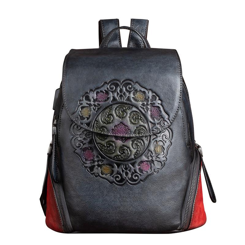 Retro Genuine Leather Backpack Women Bag 2022 Winter Handmade Embossing Floral Large Capacity Bagpack Female Vintage Backpacks