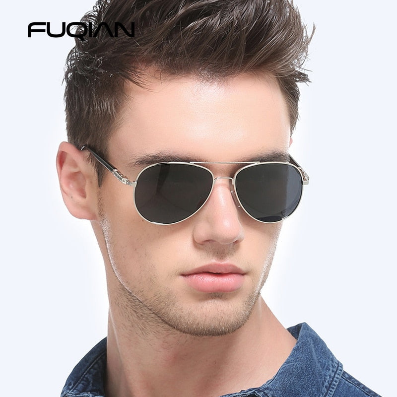 FUQIAN Fashion Pilot Men Polarized Sunglasses Oversized Metal Aviation Male Sun Glasses Classic Black Driving Shades UV400