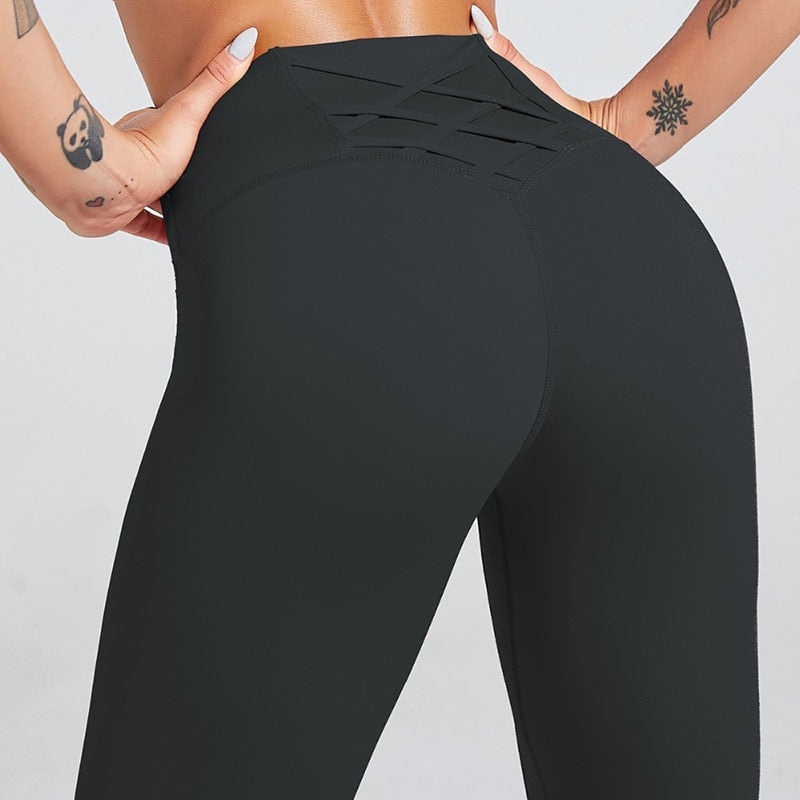 SVOKOR High waist Cross Leggings Women Solid Fitness Workout Pants Slim Fit Sport Push Up Leggings