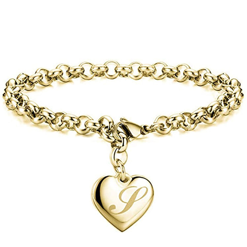 Initial Charm Gold-Color Bracelets Stainless Steel Heart 26 Letters Alphabet Bracelet for Women Girls Kids Gifts