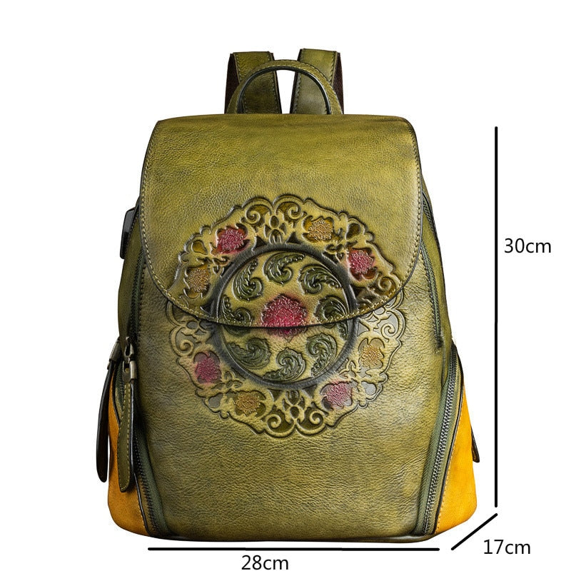 Retro Genuine Leather Backpack Women Bag 2022 Winter Handmade Embossing Floral Large Capacity Bagpack Female Vintage Backpacks