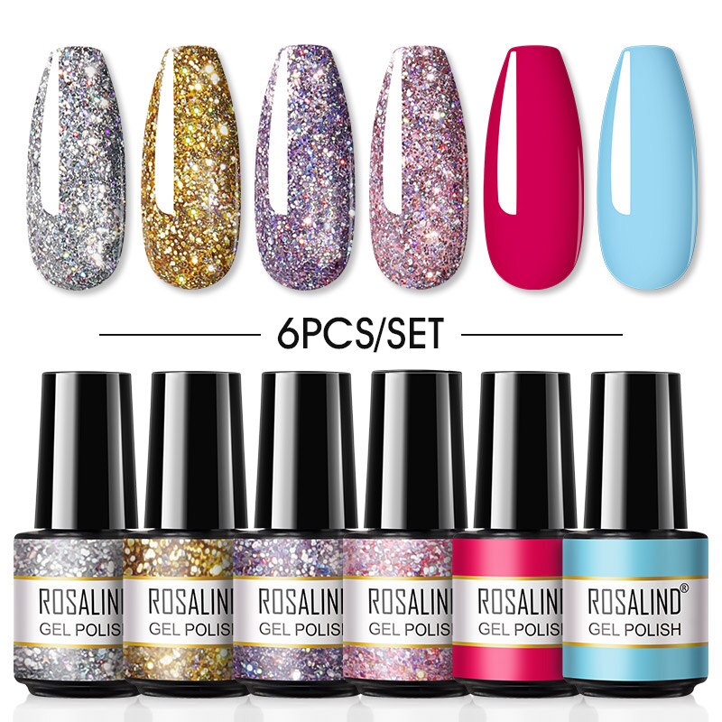 ROSALIND Gel Nail Polish Set 4PCS/6PCS Nail Kit Set Glitter vernis Semi Permanent  Base Top Coat  UV LED Nail Art Gel Polish Set