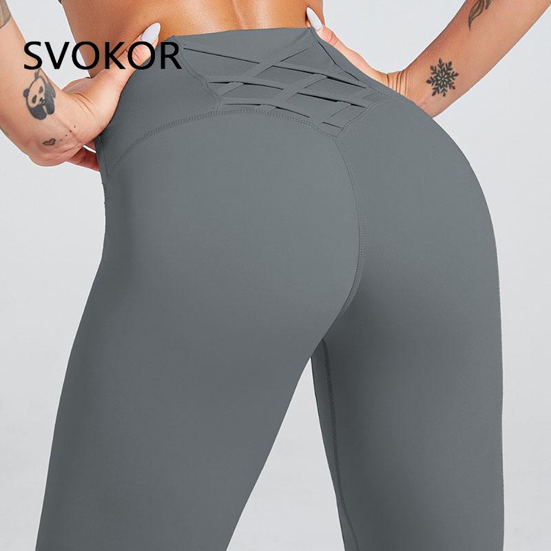 SVOKOR High waist Cross Leggings Women Solid Fitness Workout Pants Slim Fit Sport Push Up Leggings