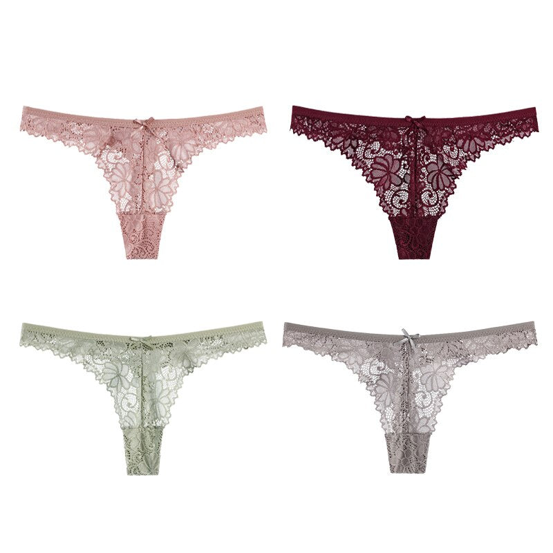 4Pcs Sexy Lace Panties Women Thong Breathable Low Waist Cotton Fashion Women&#39;s Hollow out Underwear Underpants Lingerie