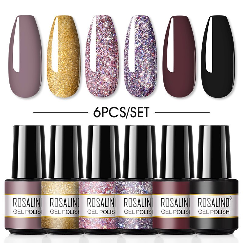 ROSALIND Gel Nail Polish Set 4PCS/6PCS Nail Kit Set Glitter vernis Semi Permanent  Base Top Coat  UV LED Nail Art Gel Polish Set