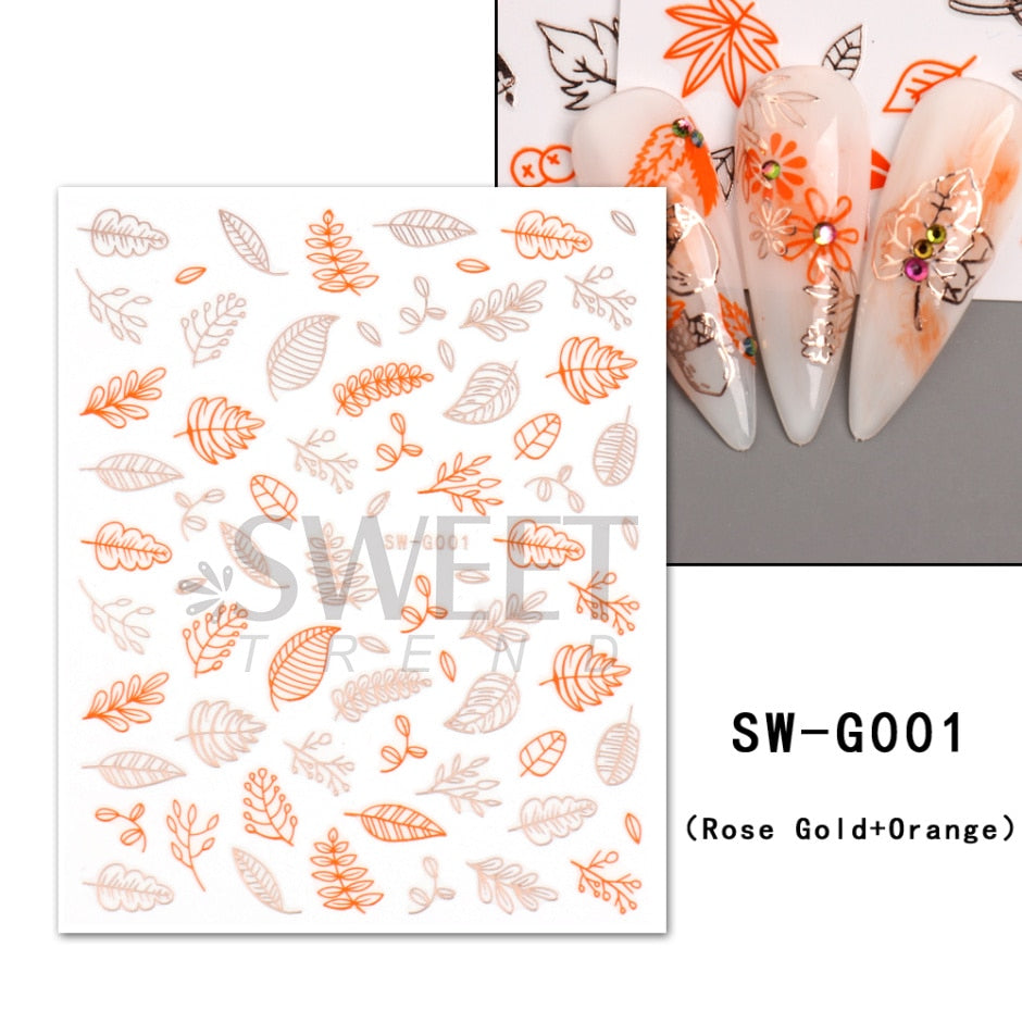 Maple Leaf Fall Nail Design Black Yellow Leaves Autumn Nail Art Stickers for Manicure 3D Polish  October Sliders Foils SASW-CS