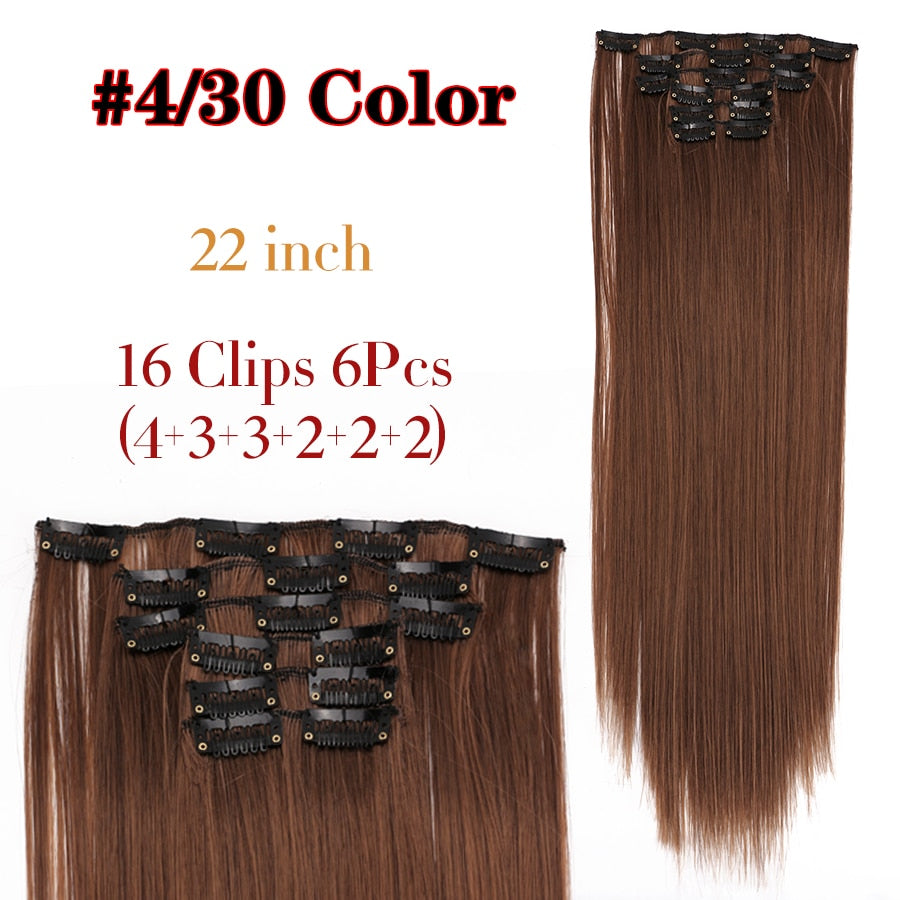 Alileader Synthetic Clip On Hair Extension 6Pcs/Set 22inch Straight Hairpiece Curly 16 Clips In Hair Ombre Heat Resistant Fiber