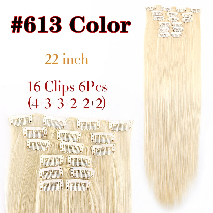 Alileader Synthetic Clip On Hair Extension 6Pcs/Set 22inch Straight Hairpiece Curly 16 Clips In Hair Ombre Heat Resistant Fiber