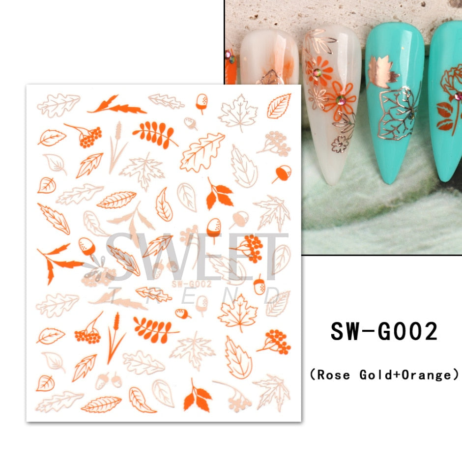 Maple Leaf Fall Nail Design Black Yellow Leaves Autumn Nail Art Stickers for Manicure 3D Polish  October Sliders Foils SASW-CS