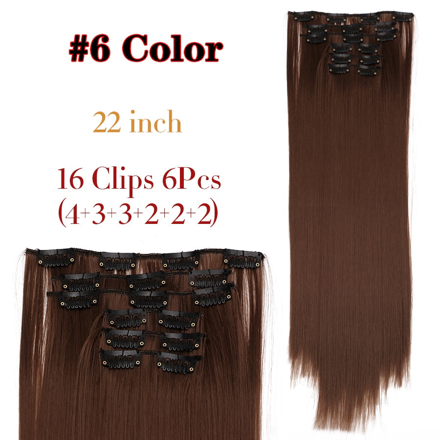 Alileader Synthetic Clip On Hair Extension 6Pcs/Set 22inch Straight Hairpiece Curly 16 Clips In Hair Ombre Heat Resistant Fiber