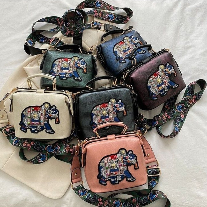 Vintage Embroidery Elephant Bag Bags Wide Butterfly Strap PU Leather Women Shoulder Crossbody Bag Tote Women's Handbags Purses