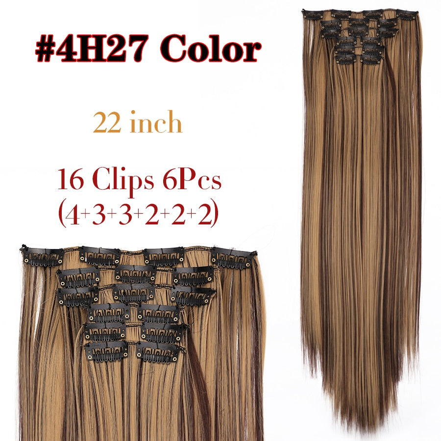 Alileader Synthetic Clip On Hair Extension 6Pcs/Set 22inch Straight Hairpiece Curly 16 Clips In Hair Ombre Heat Resistant Fiber