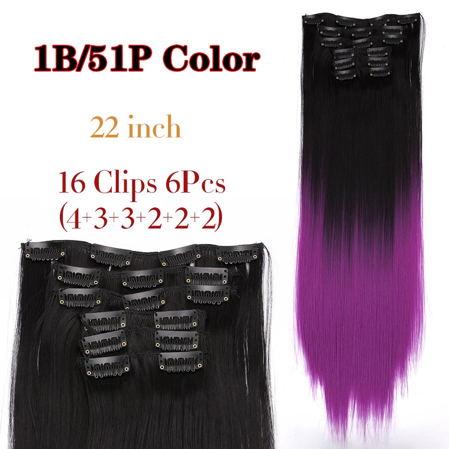 Alileader Synthetic Clip On Hair Extension 6Pcs/Set 22inch Straight Hairpiece Curly 16 Clips In Hair Ombre Heat Resistant Fiber