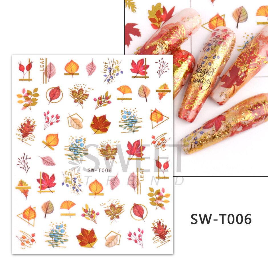 Maple Leaf Fall Nail Design Black Yellow Leaves Autumn Nail Art Stickers for Manicure 3D Polish  October Sliders Foils SASW-CS